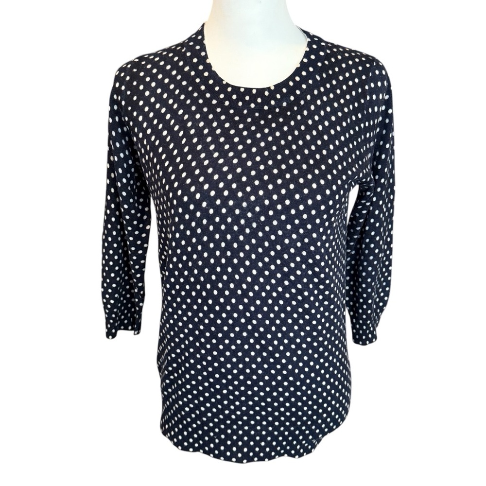 J. CREW Navy Blue Merino Wool Fine Gauge Polka Dot 3/4 Sleeves Sweater Sz Medium